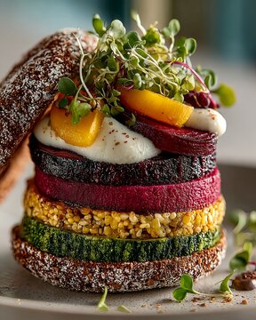 Colorful Plant Based Burger with Layered Vegetables and Microgreens