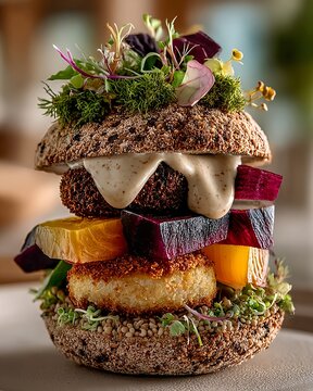 Colorful Plant Based Burger with Layered Vegetables and Microgreens