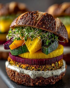 Colorful Plant Based Burger with Layered Vegetables and Microgreens