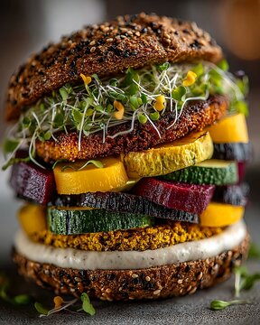 Colorful Plant Based Burger with Layered Vegetables and Microgreens