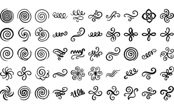 Vintage hand drawn swirls and decorative flourishes, collection of 50 black ink spiral ornaments, elegant calligraphy design elements