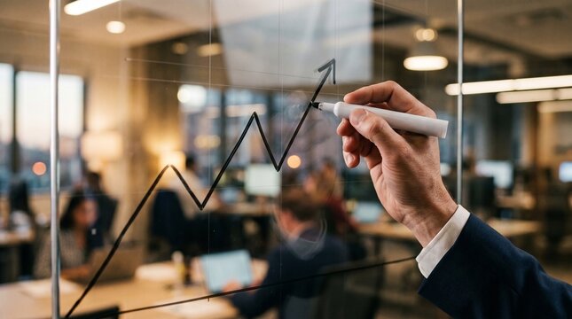 сlose-up view of a hand holding a white board marker, drawing an abstract rising line graph on a transparent glass board