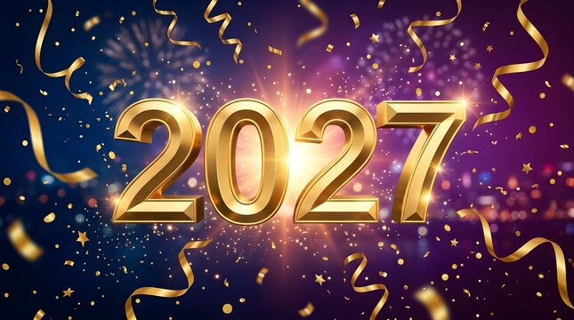 Glowing golden 2027 celebration confetti party background