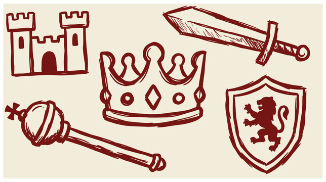 Hand drawn medieval and royal symbols featuring castle crown scepter shield and sword icon set medieval heraldry monarchy fortress illustration authority engraving isolated