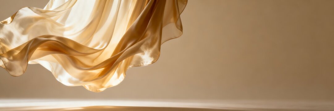 Delicate flowing silk fabric suspends in warm golden light with rich folds in soft cream and champagne tones on minimal background