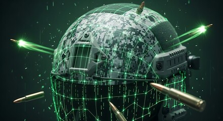 Obraz premium Advanced military helmet with glowing digital protection grid deflecting incoming bullets