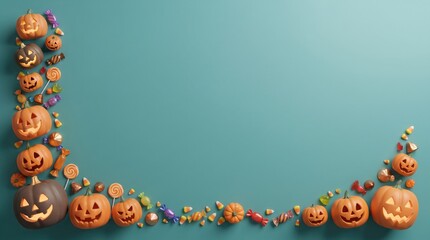 Fototapeta premium Festive halloween pumpkin border against teal background with copy space