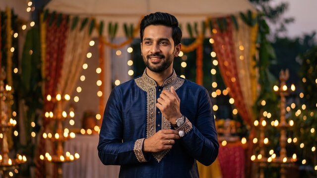 Elegant Festive Kurta &ndash; Indian Man Adjusting Cufflink Before a Traditional Celebration.