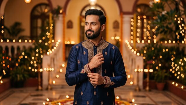 Elegant Festive Kurta &ndash; Indian Man Adjusting Cufflink Before a Traditional Celebration.