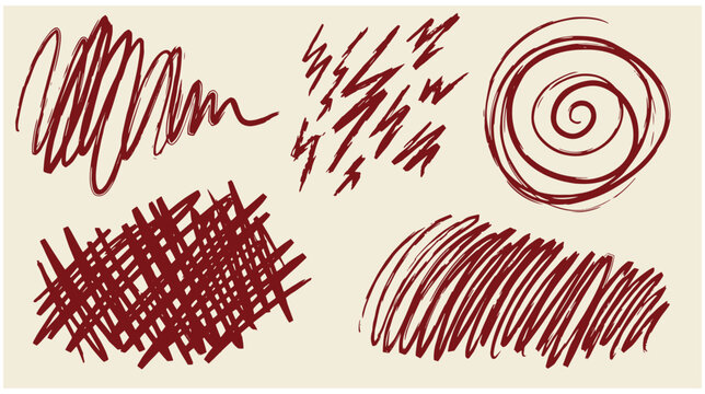 Set of messy hand drawn pencil scribbles crosshatching and spiral textures in red ink with line art crosshatching abstract illustration collection scribble imperfect creative
