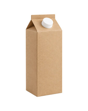 Blank kraft paper beverage carton with a white screw cap, isolated on a clean white background. Minimal unbranded paperboard packaging with a classic gable top, natural brown texture, and simple 