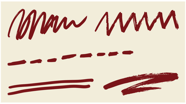 Collection of hand drawn abstract lines scribbles dashed lines in maroon ink scribble marks sketchy texture handwritten markers doodle art ink strokes design elements line art