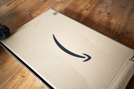 Amazon cardboard shipping box inside residential interior 07.05.2026 Poland, Europe