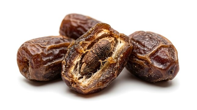 Dried brown date fruits with one cut open to reveal the inner seed