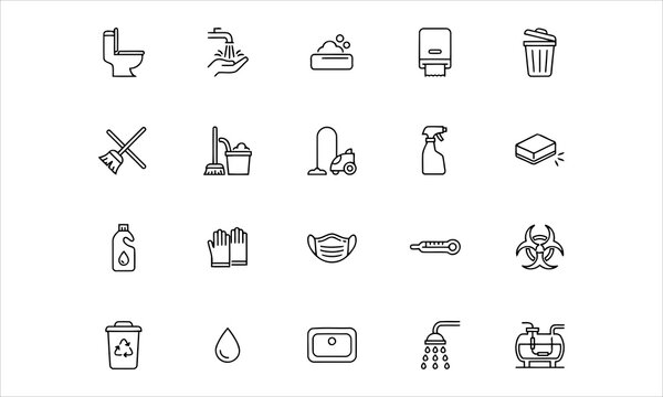 Set outline icons related to sanitation. Linear icon collection. Editable stroke. Vector illustration