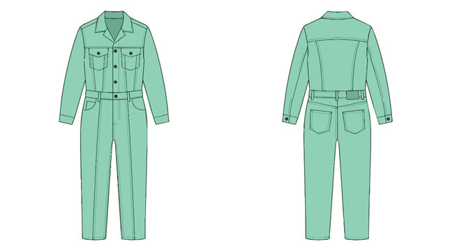 Mint Green Industrial Workwear Boilersuit Jumpsuit Flat Sketch Technical Illustration Front and Back View