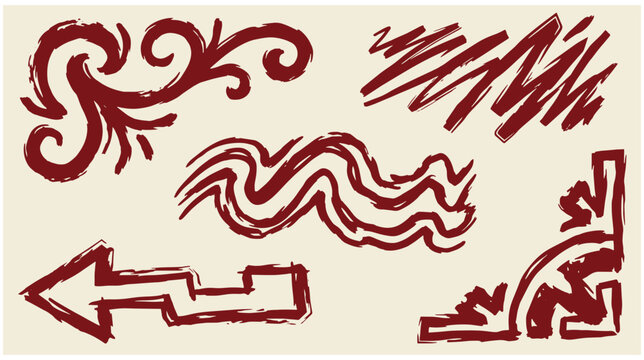 Red crayon hand drawn doodle elements set with decorative flourishes arrow frame corner and squiggles elements flourish collection illustration abstract decorative ornament scribble