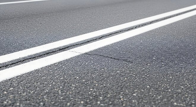 Cracked Asphalt Road Surface with Double White Lines and Visible Damage