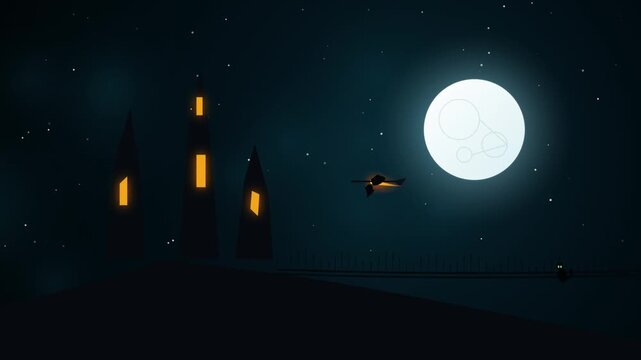 Minimalist night landscape with a glowing full moon dark towers and a small bird flying across a starry sky in a quiet and mysterious atmosphere for creative projects 4k Motion Video