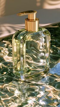 Luxury fragrance flacon placed on a rustic wooden table under the shade of ancient olive trees, perfect for modern wellness marketing