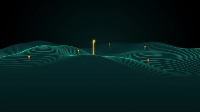 Abstract digital wave background with glowing orange particles and green lines flowing in dark space for technology and data visualization concept 4k Motion Video
