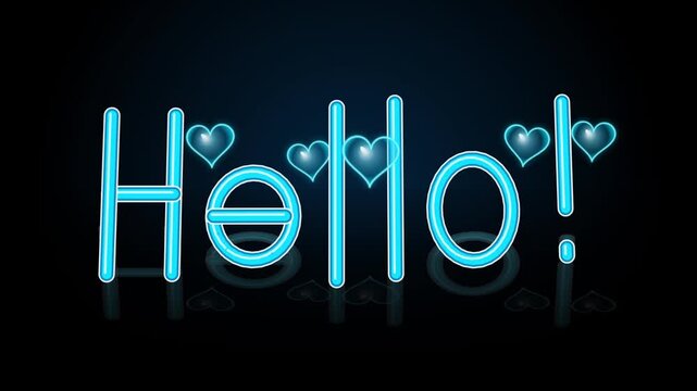 Neon blue word hello with glowing heart shapes on a dark background 4k Motion Video