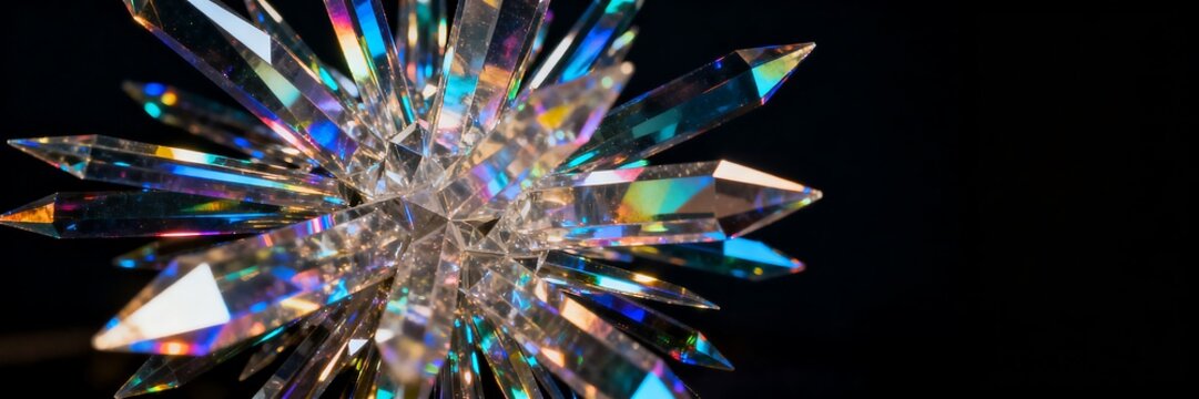Abstract crystal prism shapes burst outward with refracted rainbow light beams glowing dynamically against a dark background