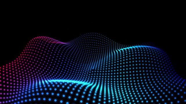 Abstract digital landscape with glowing blue and purple dots forming a wavy terrain on a dark background representing data science and technology connection points 4k Motion Video
