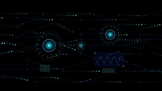 Futuristic digital interface with glowing blue light circles and data lines on a dark background showing high tech hud elements and network connection points for modern technology 4k Motion Video