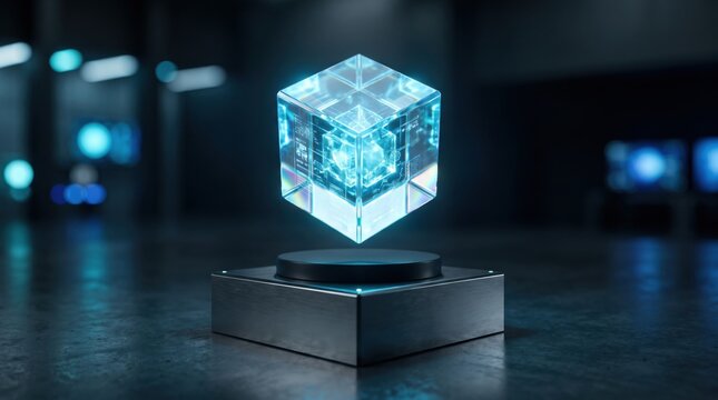 Transparent glass cube with glowing blue internal circuitry levitating above a dark metallic square pedestal in a dimly lit industrial laboratory setting with blurred background lights