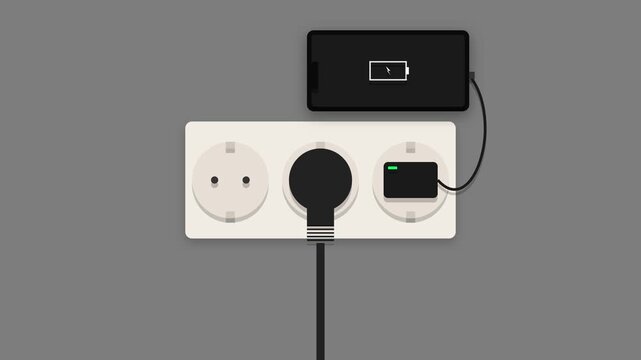 Smart phone charging plugged into wall outlet minimalist animation loop
