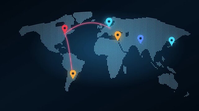 World Map with Colorful Location Pins, Animated Dots and Arcs, Interactive Geography Visualization, Capital Cities Highlighted, Digital Data Display, Global Mapping Animation