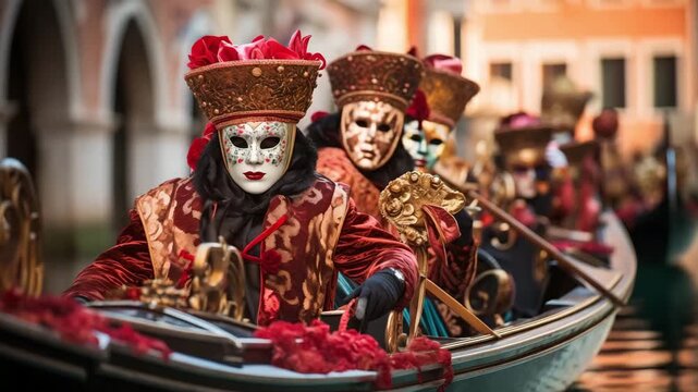 Portrait of person disguised in a beautiful old fashioned style costume with copy space. Venetian carnival costumes and masks. Colorful carnival masks at a traditional festival in Venice, Italy.