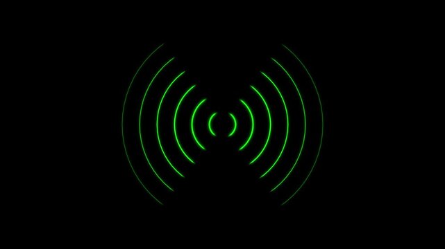 Green radio waves pulse animation, wireless signal transmission concept, digital network communication
