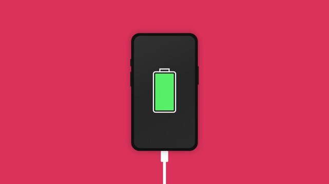 Smartphone charging battery indicator filling up with green energy against pink backdrop