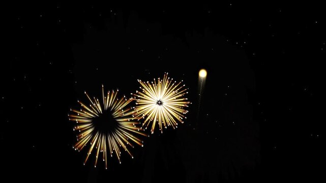 Bright golden fireworks exploding in the dark night sky during a celebration 4k Motion Video