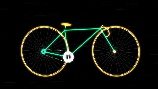 Neon bicycle icon with glowing green frame and orange wheels on a dark background for modern creative design projects 4k Motion Video