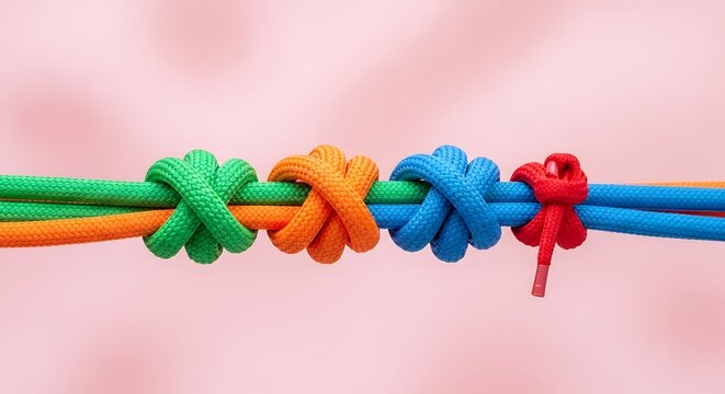Horizontal Line of Colorful Knotted Ropes Representing Strong Bonds and Partnership