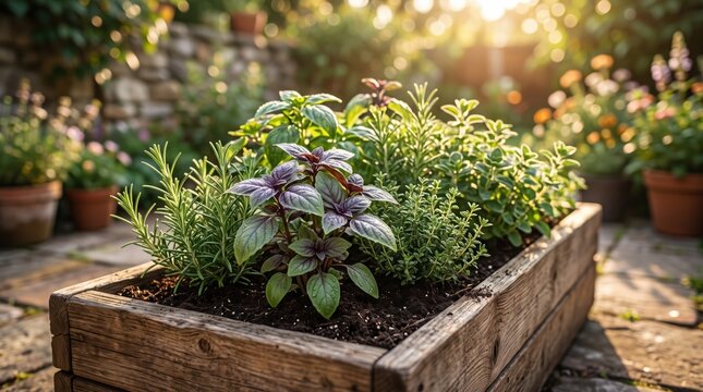 Wooden planter box filled with fresh green and purple basil rosemary and thyme herbs on a stone patio in a sunny backyard garden during golden hour with blurred foliage background