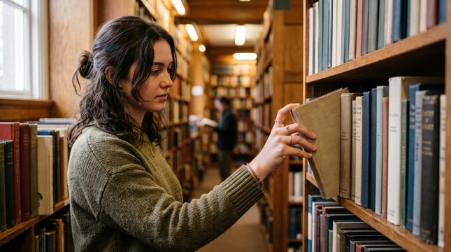 Young woman with dark hair wearing an olive green sweater pulling a hardcover book from a wooden library shelf in a dimly lit aisle