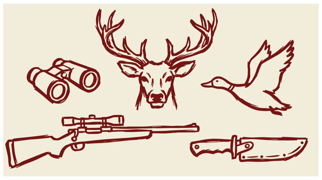 Vintage hunting icons set featuring deer head flying duck rifle binoculars hunting knife in brown outline style waterfowl hunting hunter equipment outdoor activity wildlife symbols
