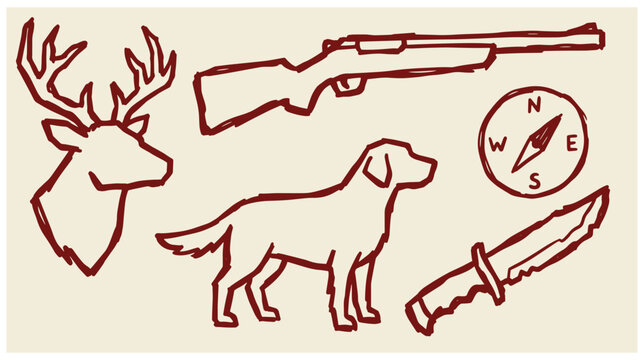 Vintage hunting icons set featuring deer head hunting dog rifle compass hunting knife in brown outline style navigation tools hunter equipment outdoor activity wildlife symbols