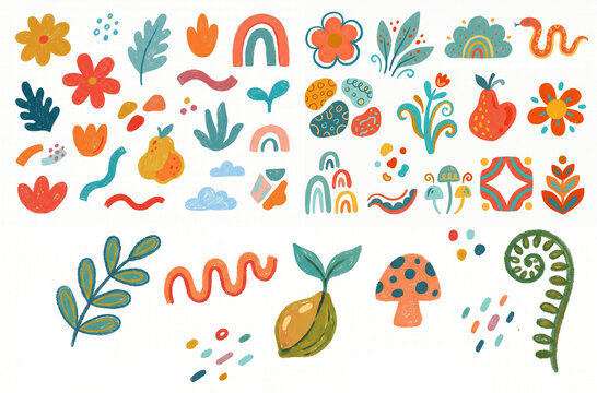 Set of cute hand drawn abstract floral and nature doodles in child drawing style