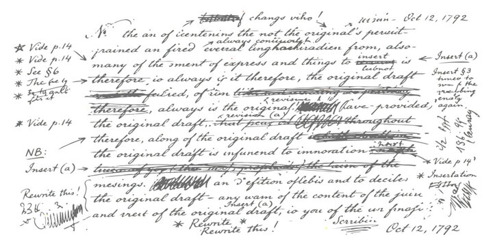 Old handwritten document draft with many revisions and ink edits from the eighteenth century