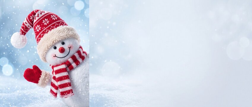 Cute snowman wearing a red hat and scarf waving hello in a snowy winter landscape