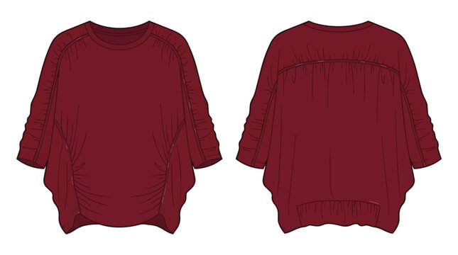 Women Burgundy Oversized Dolman Sleeve Top with Ruched Shoulder and Back Detail Technical Fashion Drawing Sketch