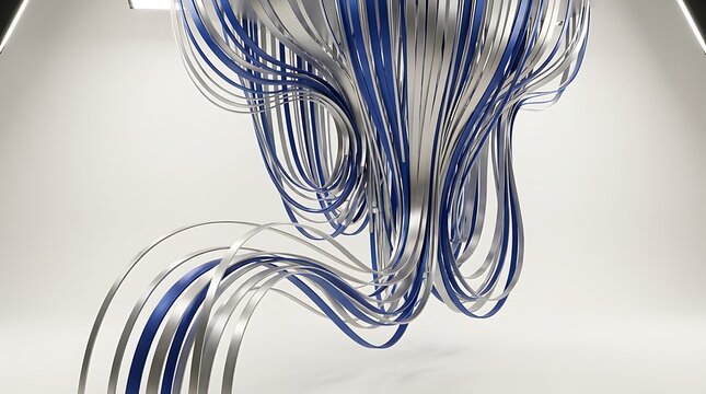 Abstract flowing ribbons of chrome and blue metal forming a dynamic organic sculpture with flowing lines dynamic shape modern art smooth curves liquid metal futuristic design 3D rendering