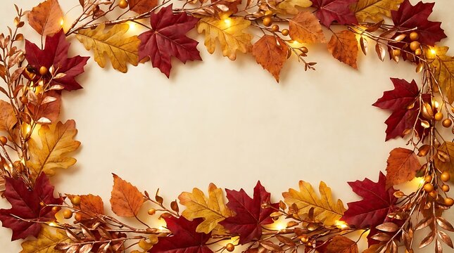 Autumn leaves create a vibrant border around a blank white space