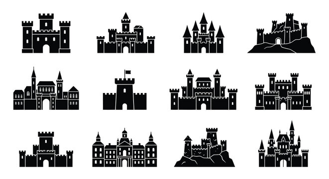 Collection of black castle silhouettes on a white background medieval architecture