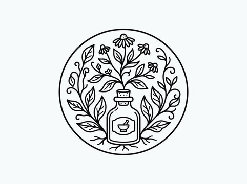 Botanical extract bottle with floral growth and leaves emblem